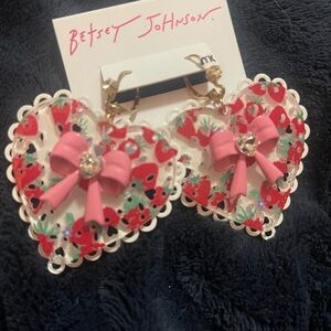 Betsey Johnson Heart Earrings with Pink Bow
